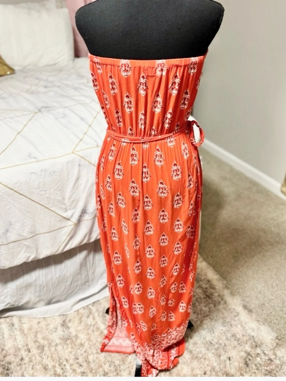 Orange Strapless Maxi Dress Boho Paisley Print Beach Vacation Dress Size Medium - Picture 3 of 4